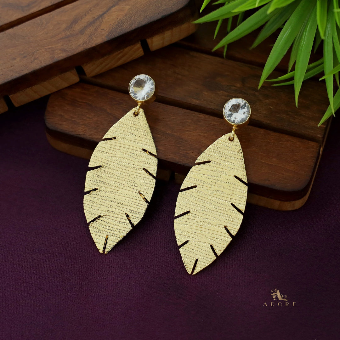 Golden Textured Leaf And Round Glossy Earring