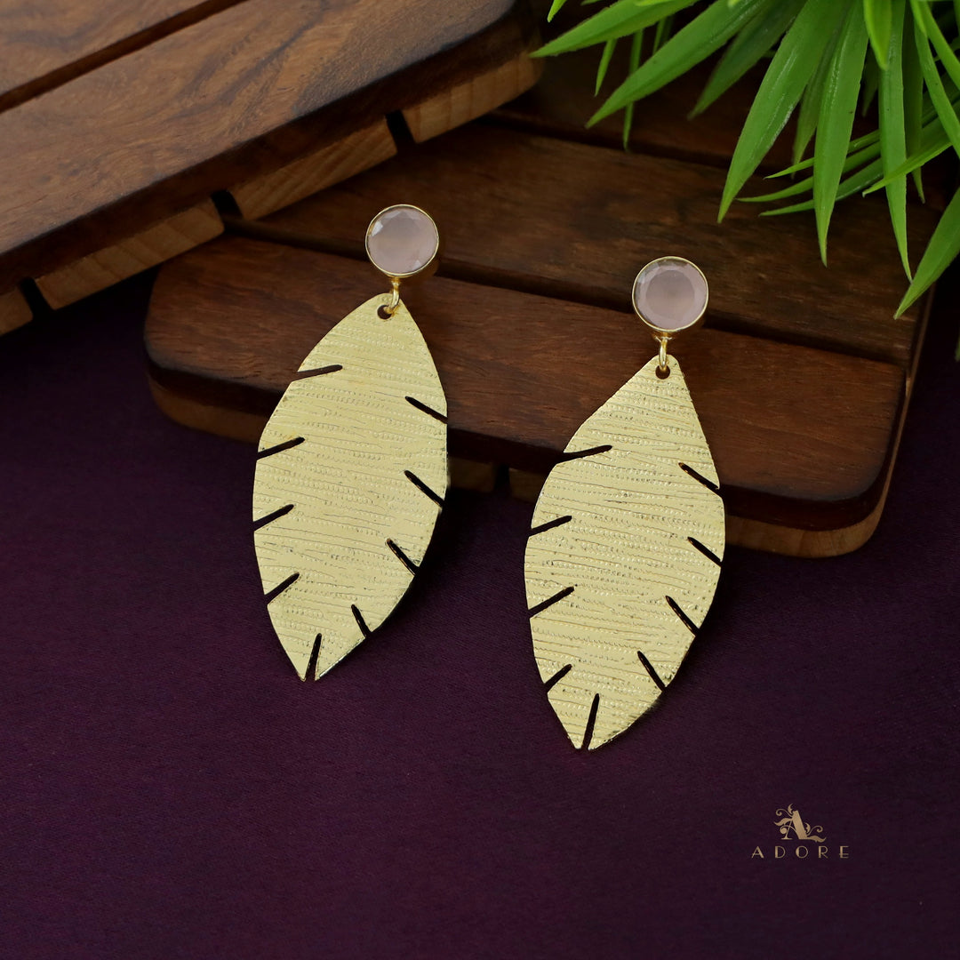 Golden Textured Leaf And Round Glossy Earring