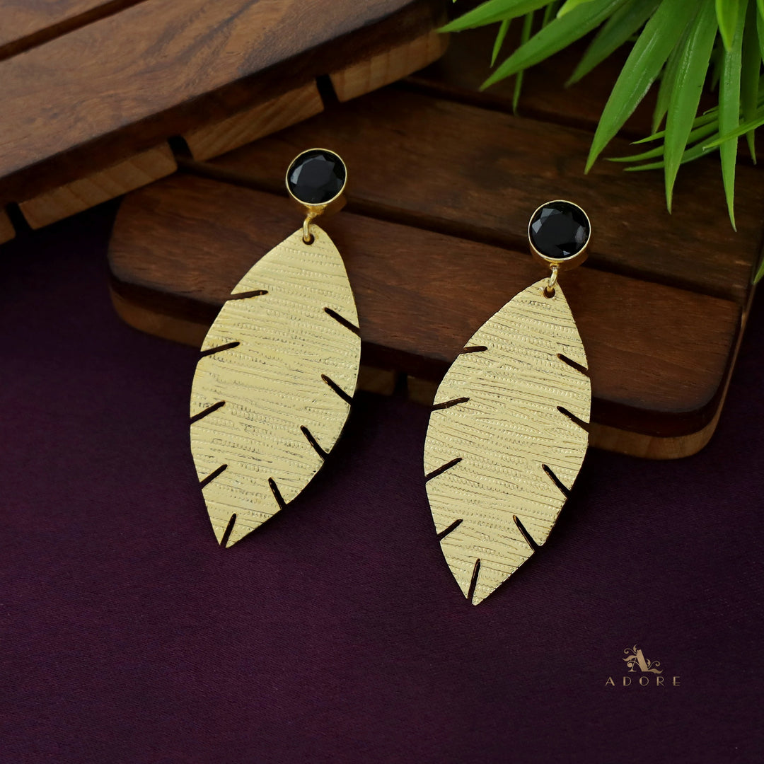 Golden Textured Leaf And Round Glossy Earring