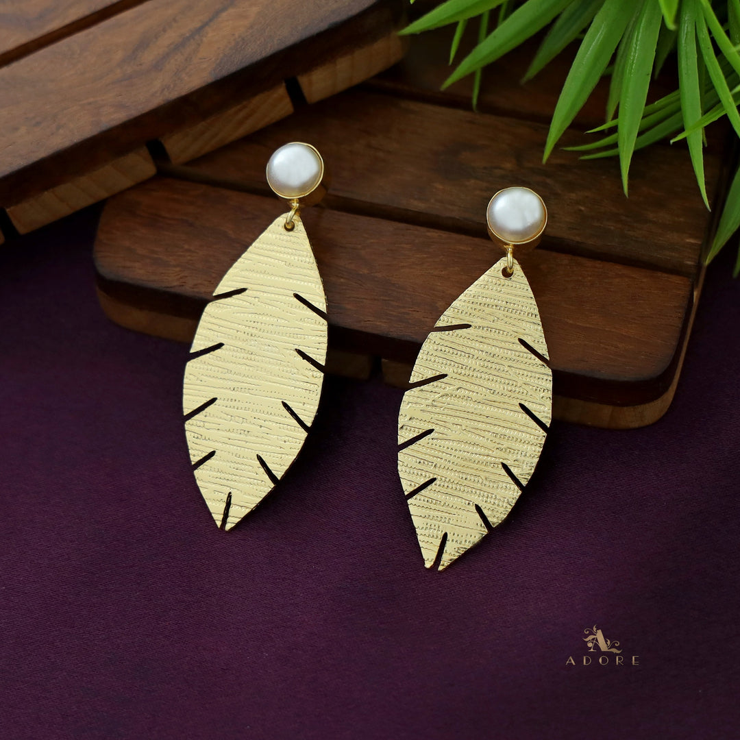 Golden Textured Leaf And Round Glossy Earring