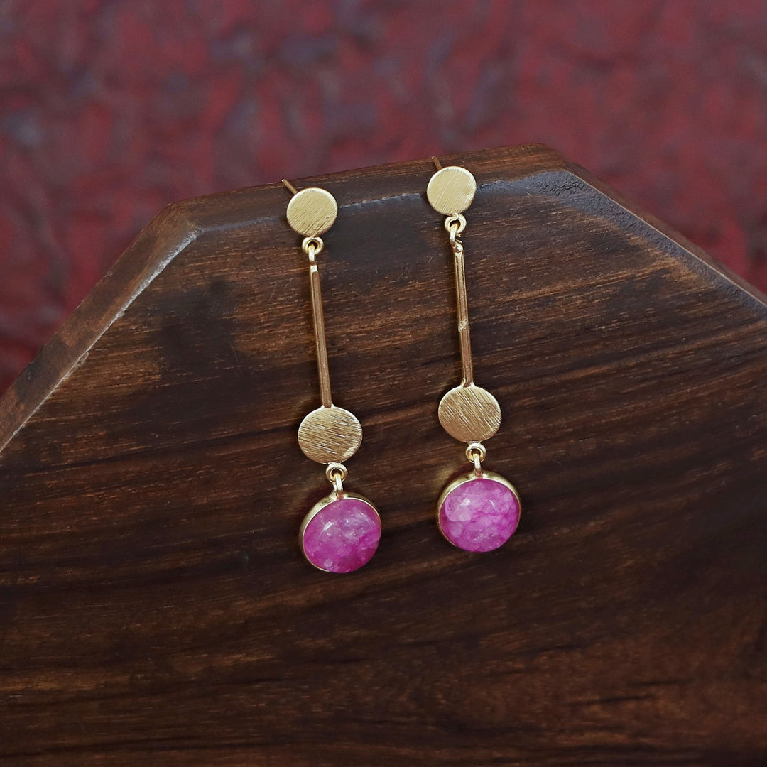 Golden Dual Circle Stick Natural Stone Earring