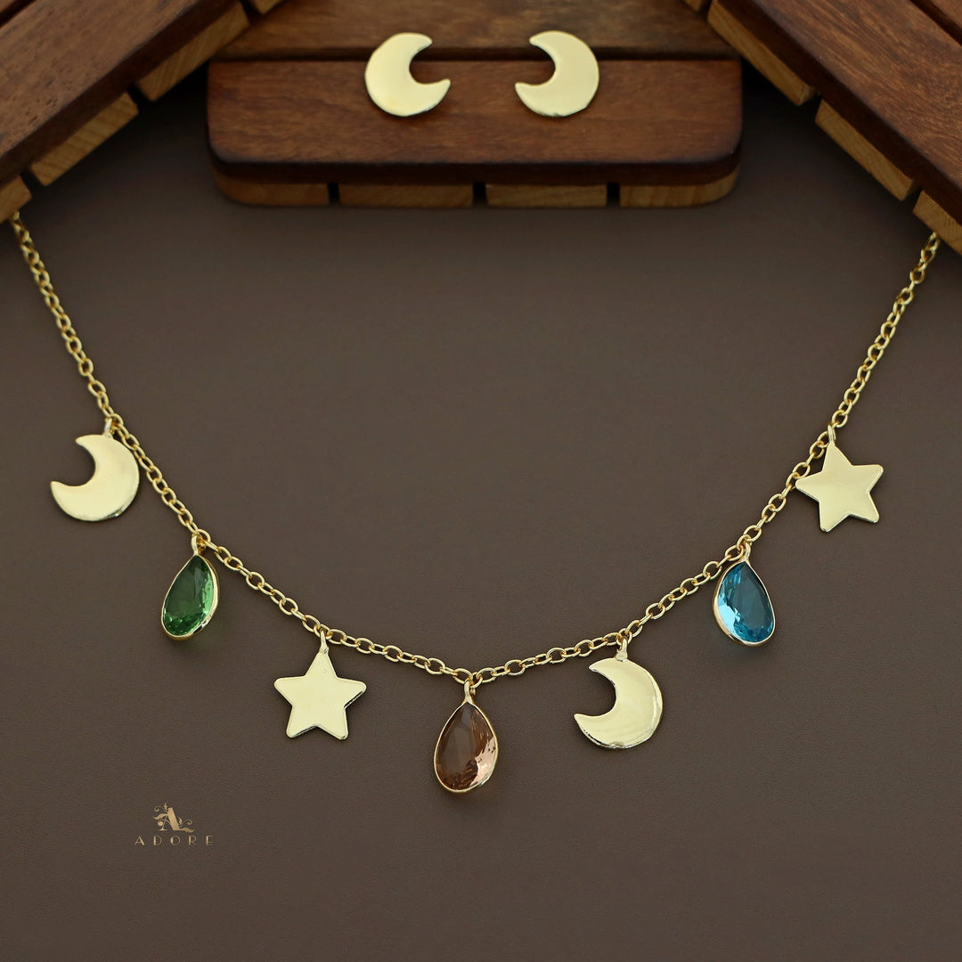 Astral Glossy Tri Drop Neckpiece With Golden Moon Stud