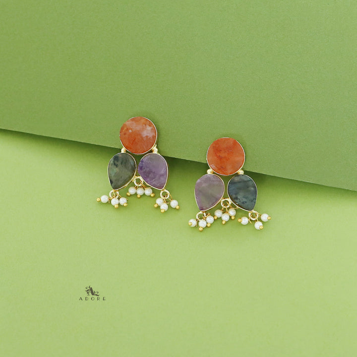 Ruby Tri Raw Stone Pearl Earring