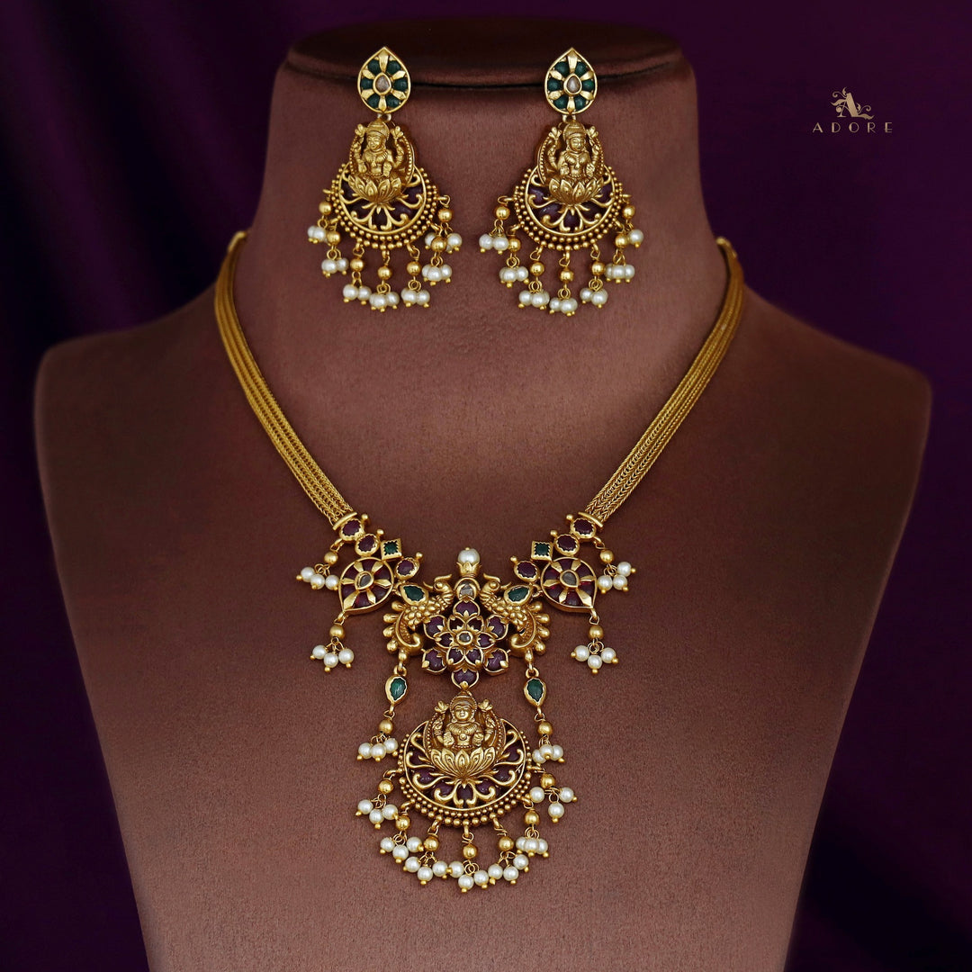 Premium Darshika Floral Pearl Lakshmi Neckpiece With Earring