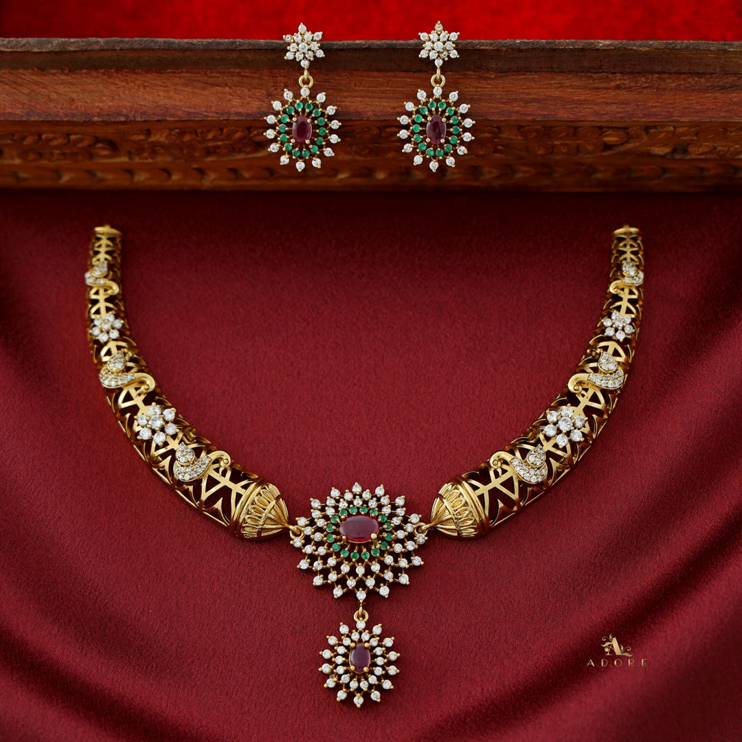 Ikshitha AD Stone Stiff Wing Neckpiece With Earring