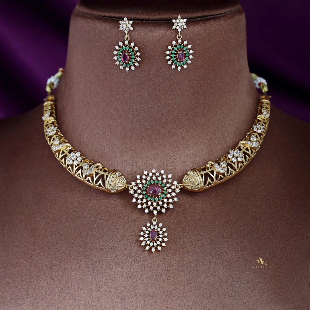 Ikshitha AD Stone Stiff Wing Neckpiece With Earring