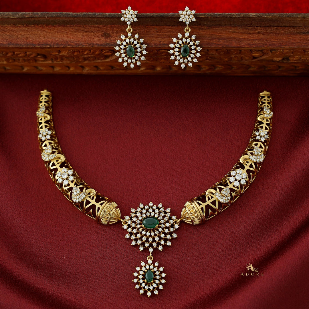 Ikshitha AD Stone Stiff Wing Neckpiece With Earring