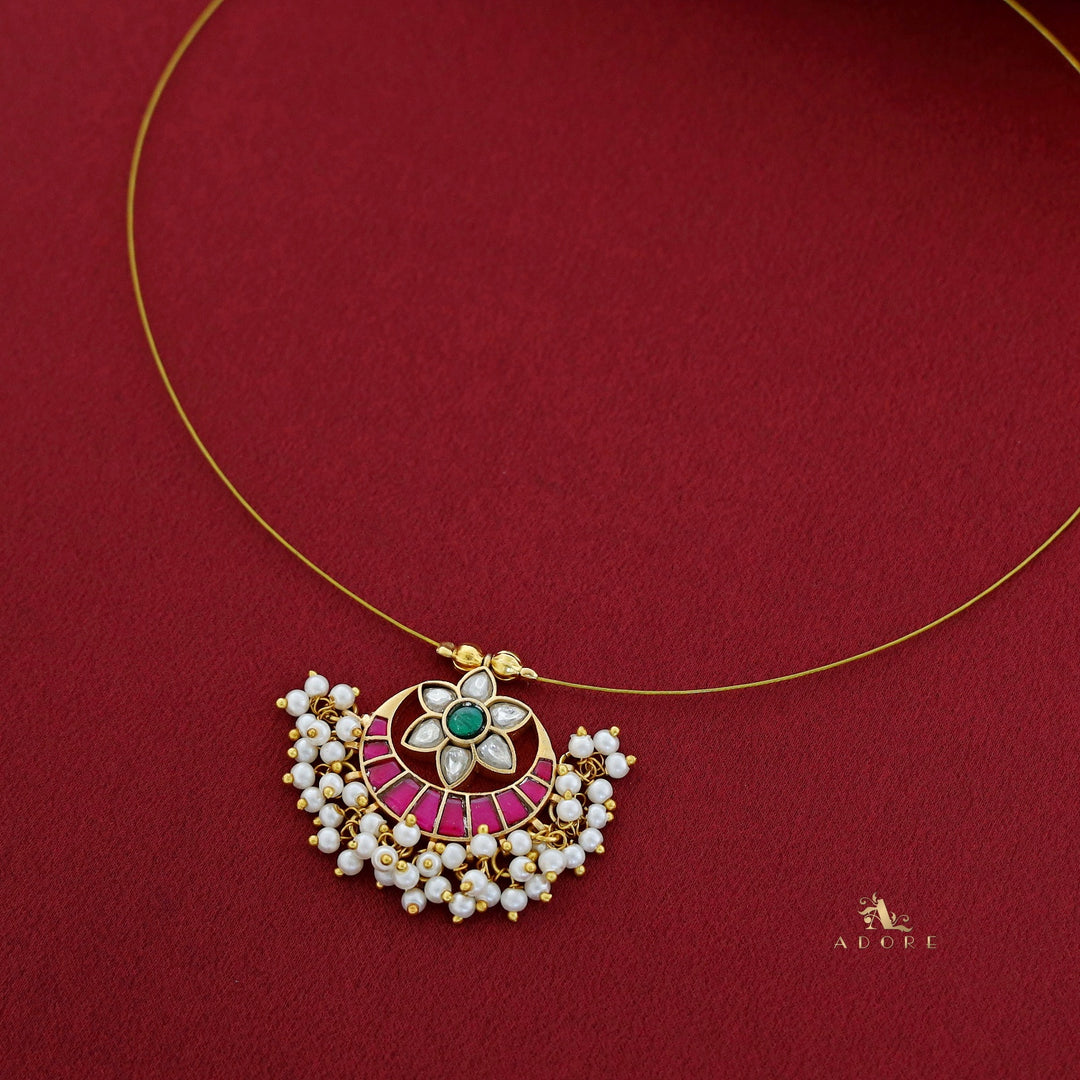 Floral Jadau Kundan Cluster Pearl String Neckpiece