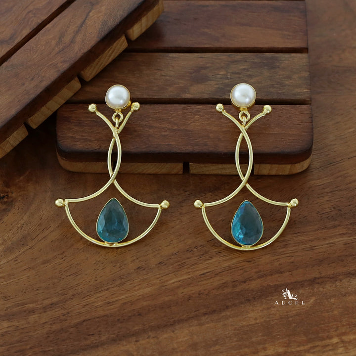 Triple Golden Arc Glossy Drop Pearl Earring