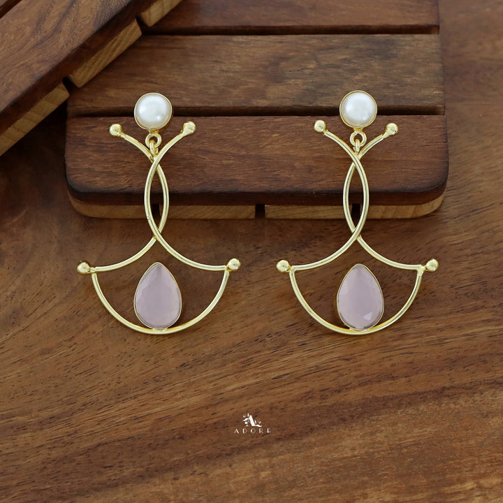 Triple Golden Arc Glossy Drop Pearl Earring