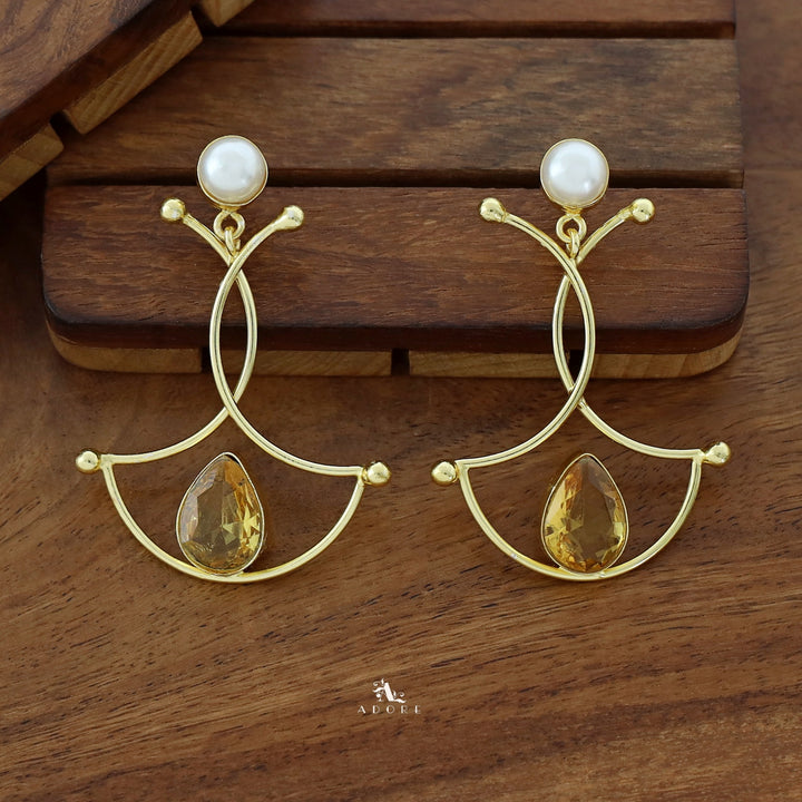 Triple Golden Arc Glossy Drop Pearl Earring