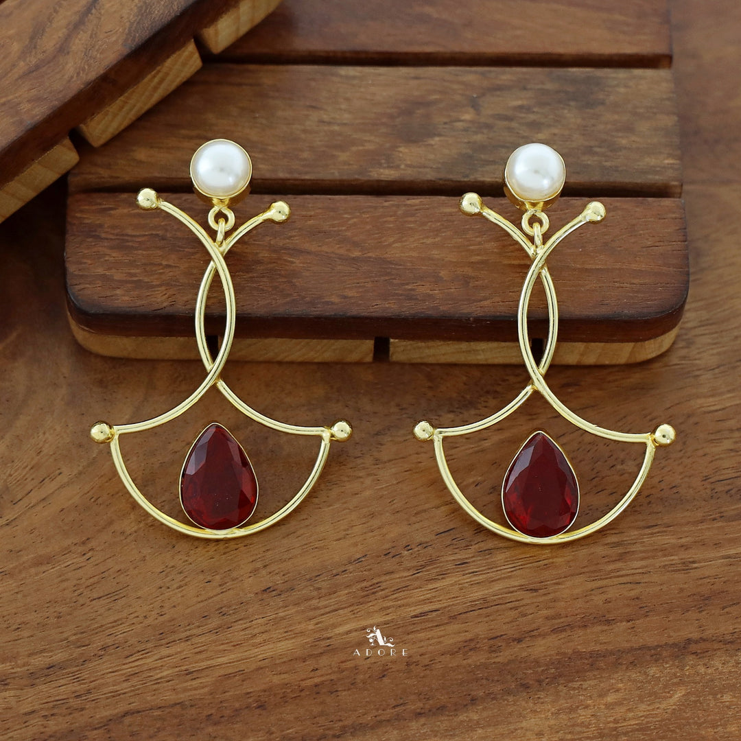 Triple Golden Arc Glossy Drop Pearl Earring