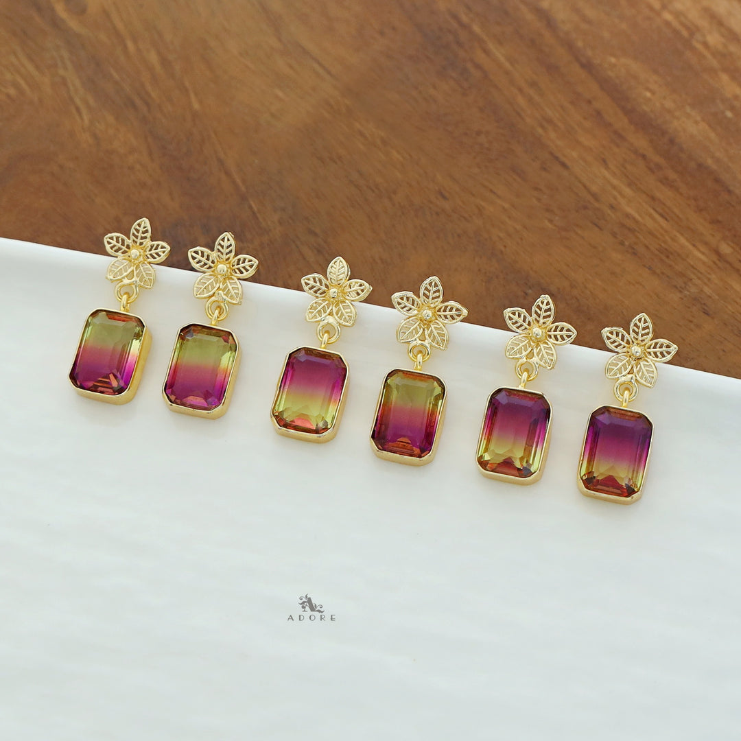 Golden Night Flower Glossy Rectangle Earring