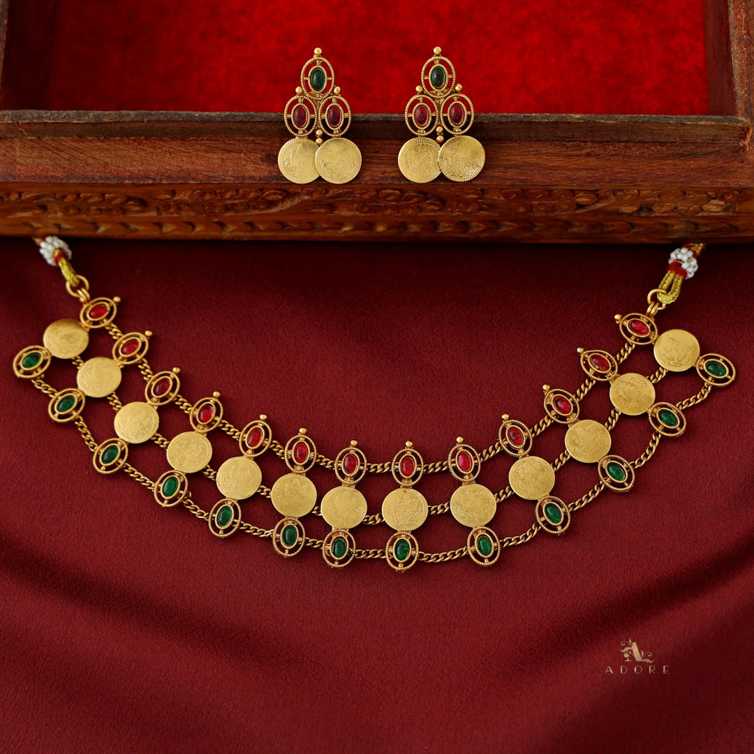 Harsika 3 Layer Oval Glossy Stone Kashi Choker With Earring