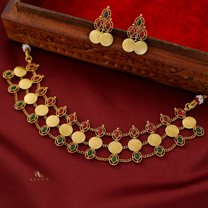 Harsika 3 Layer Oval Glossy Stone Kashi Choker With Earring