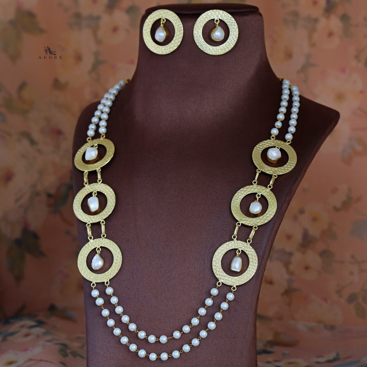 Abayana Golden Pearl Long Neckpiece With Earring