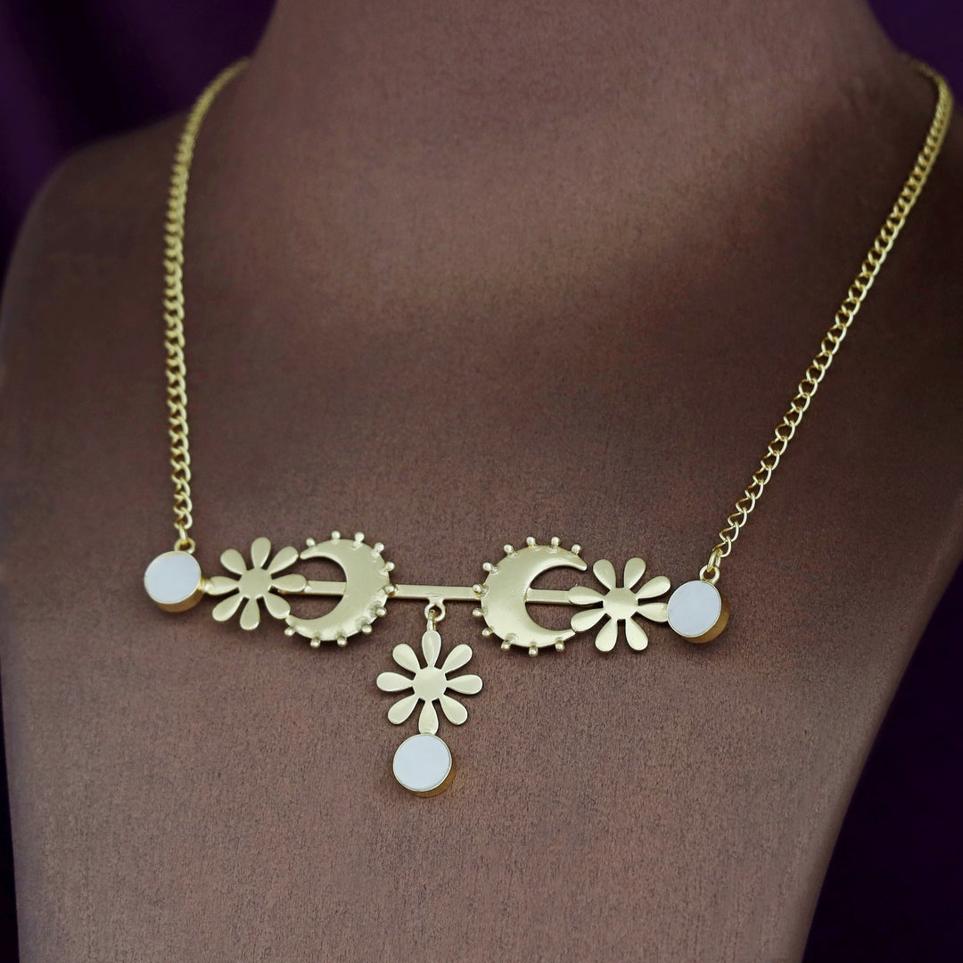 Golden Dotted Moon Midhila Flower Long Neckpiece