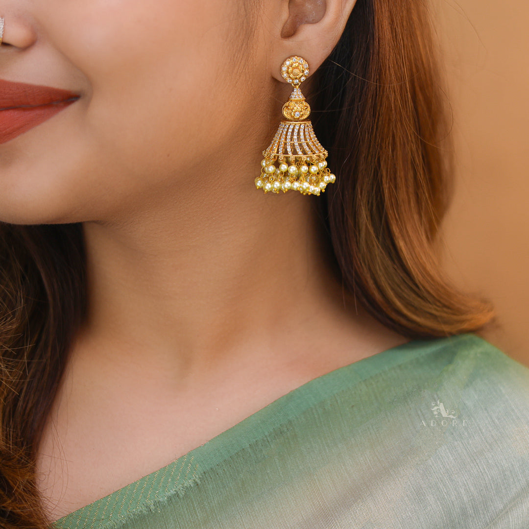 Dhanu Floral AD Stone + Pearl Jhumka