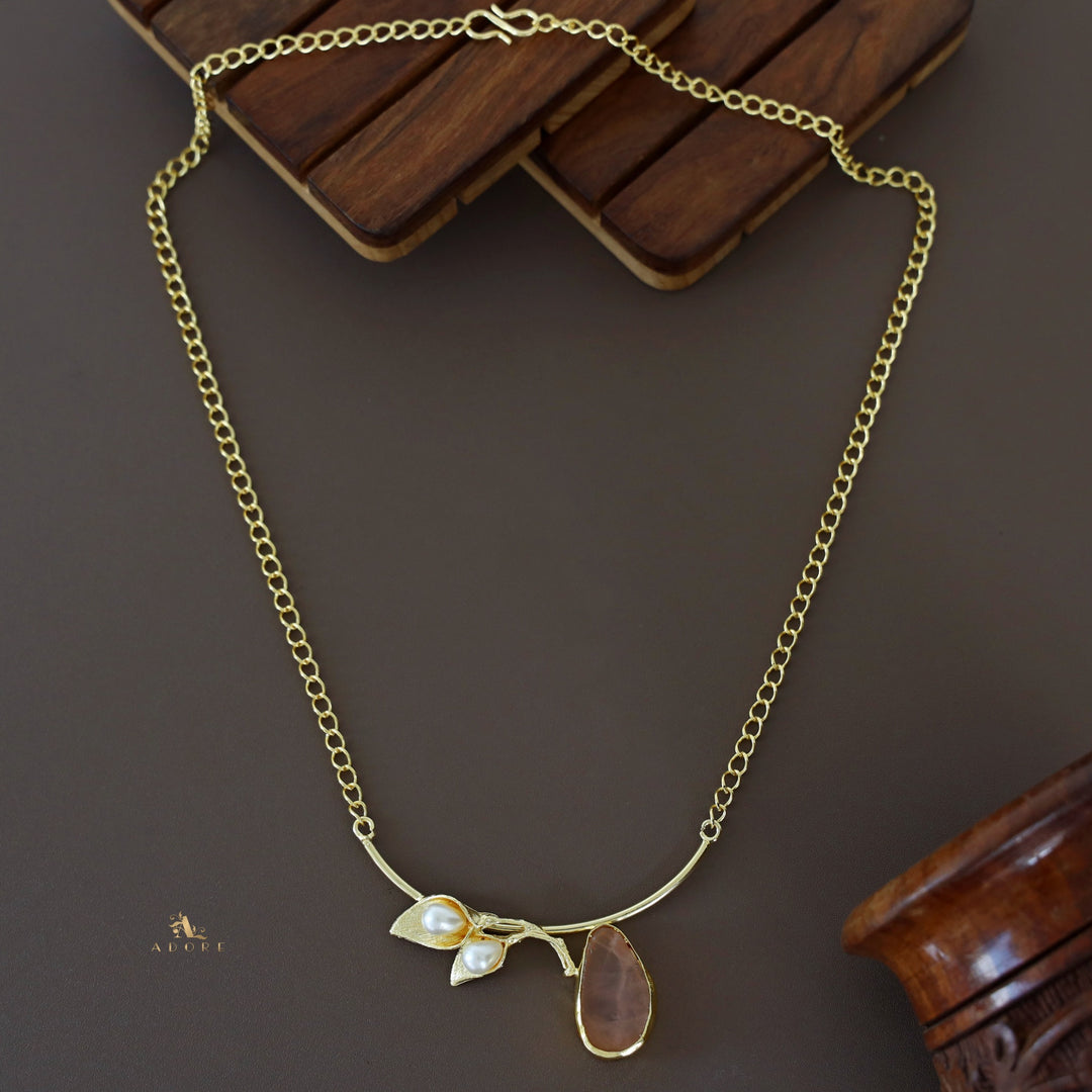 Golden Two Fold Leafy Pearl Raw Stone Neckpiece