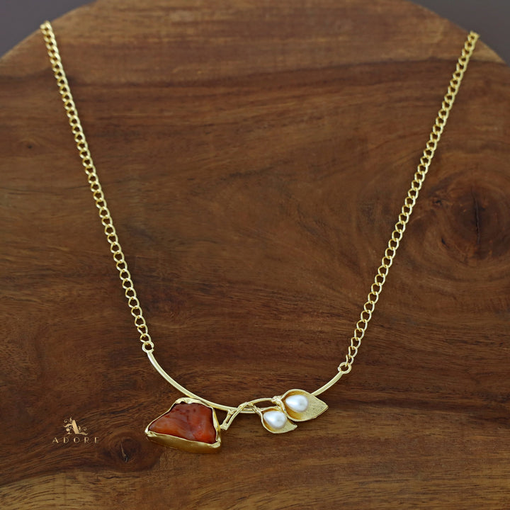 Golden Two Fold Leafy Pearl Raw Stone Neckpiece