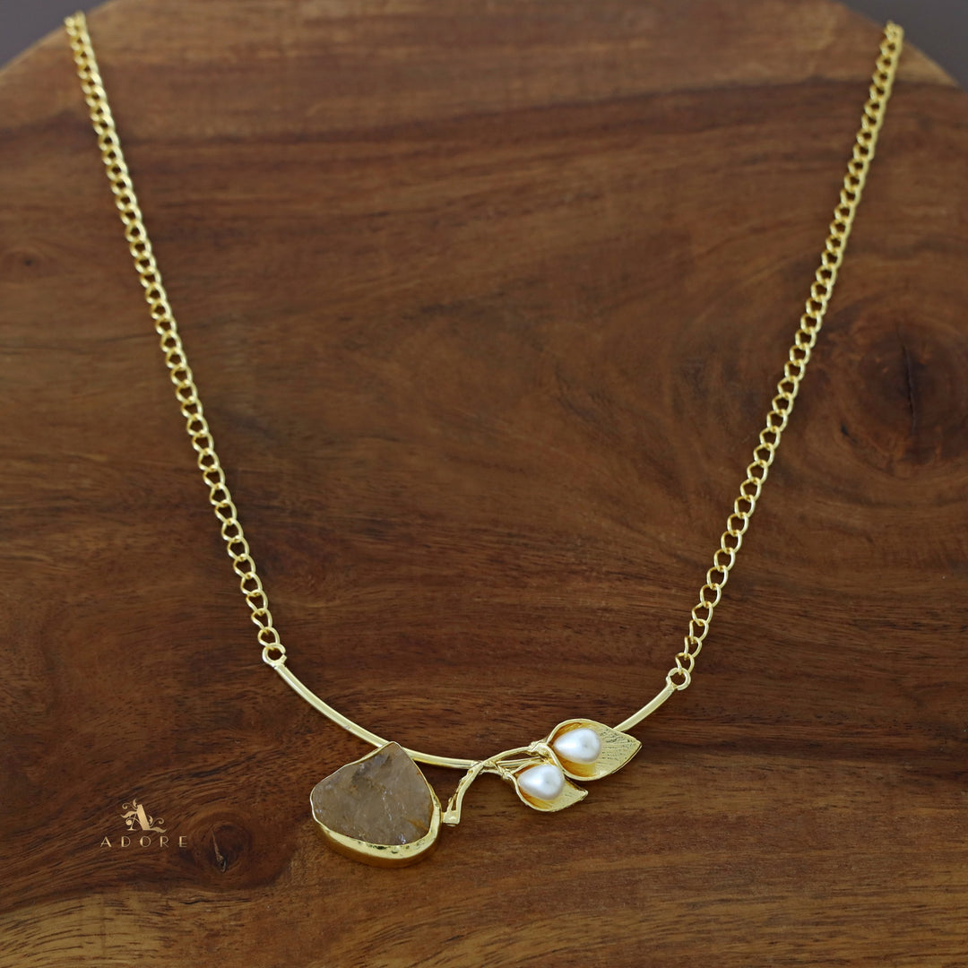 Golden Two Fold Leafy Pearl Raw Stone Neckpiece