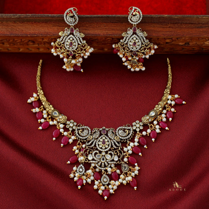 Ushas AD Stone Pearl Branch Wing Neckpiece With Earring