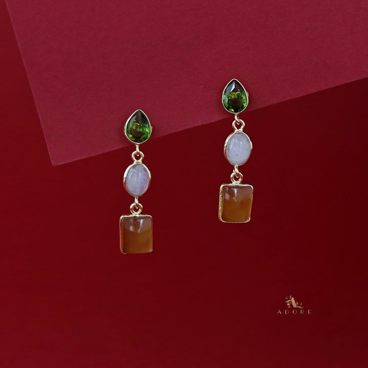 Amaja Golden Tri Glossy Stone Earring