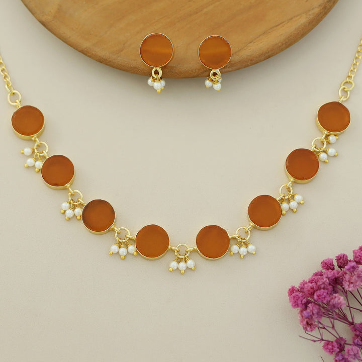 Eudor Round Raw Stone Pearl Short Neckpiece/Choker With Earring