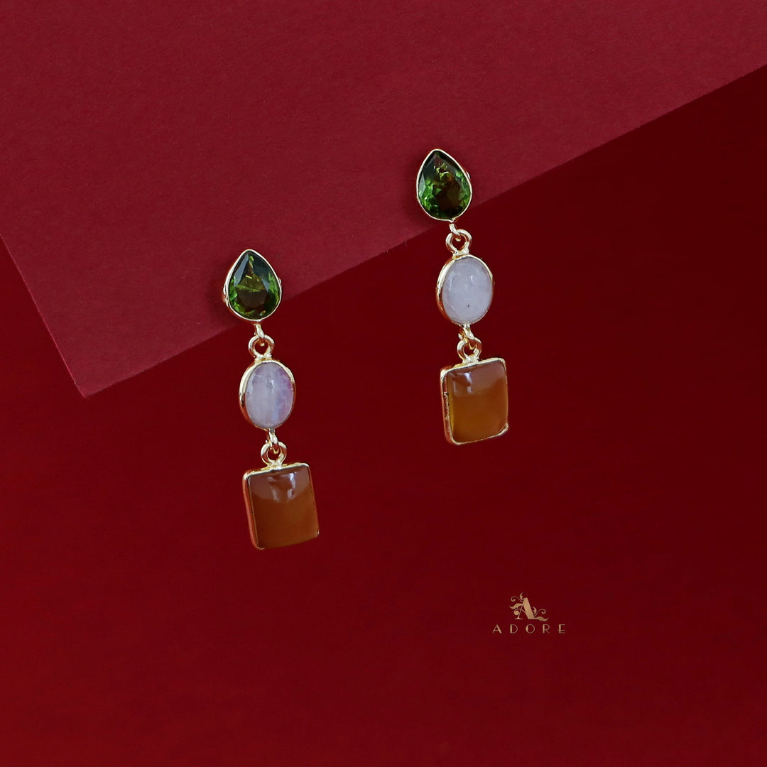 Amaja Golden Tri Glossy Stone Earring