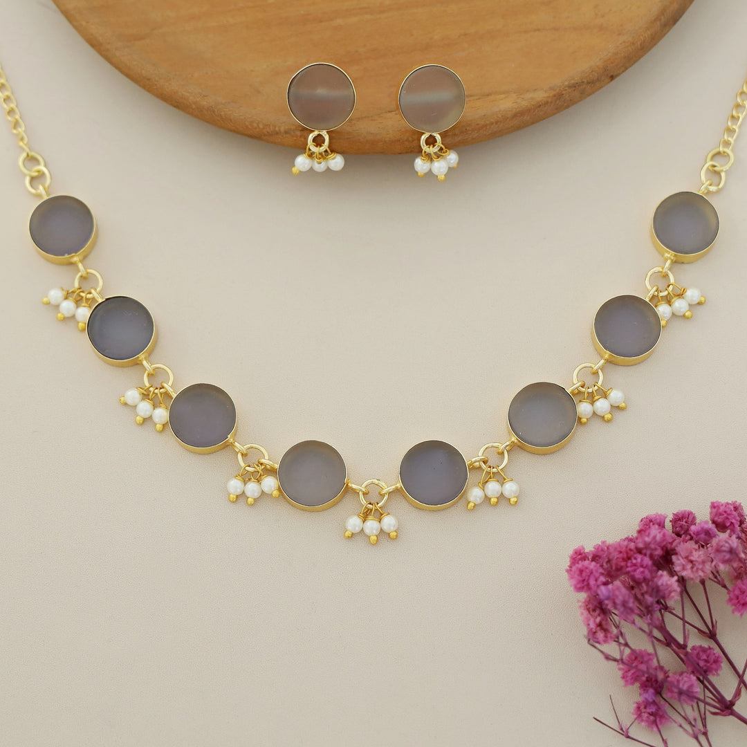 Eudor Round Raw Stone Pearl Short Neckpiece/Choker With Earring