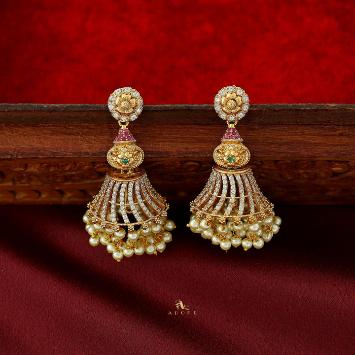 Dhanu Floral AD Stone + Pearl Jhumka