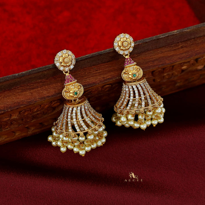 Dhanu Floral AD Stone + Pearl Jhumka