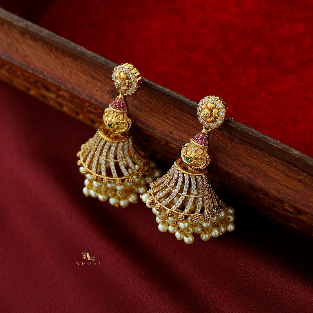 Dhanu Floral AD Stone + Pearl Jhumka