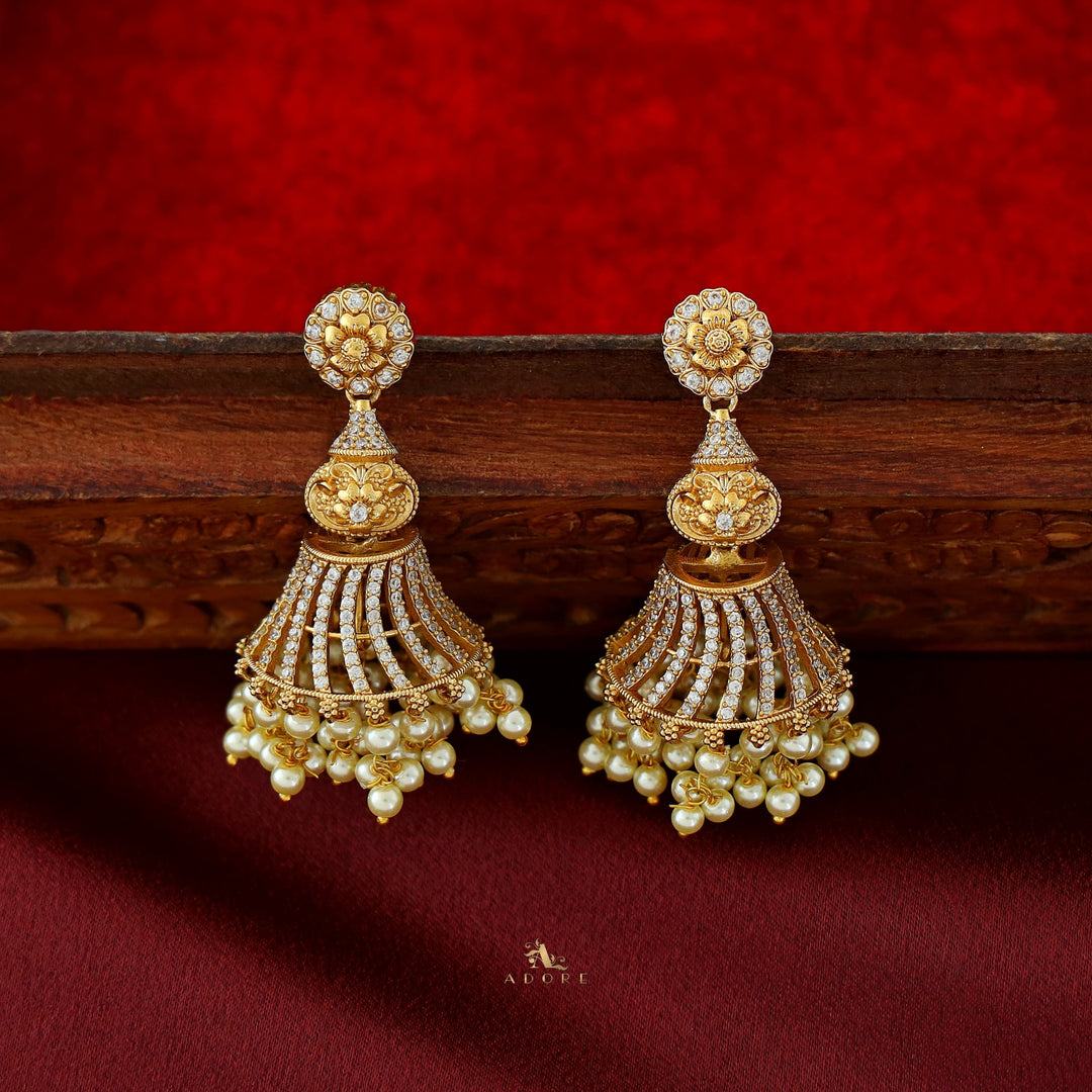 Dhanu Floral AD Stone + Pearl Jhumka