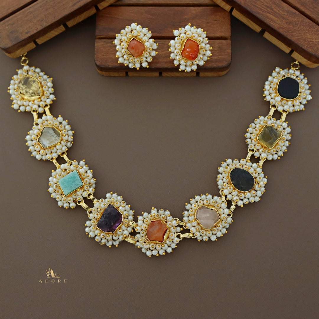 Multicolour Raw Stone Cluster Pearl Short Neckpiece / Choker With Earring