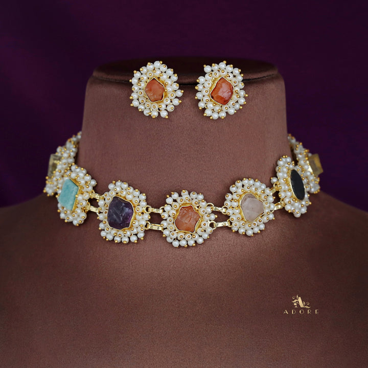 Multicolour Raw Stone Cluster Pearl Short Neckpiece / Choker With Earring