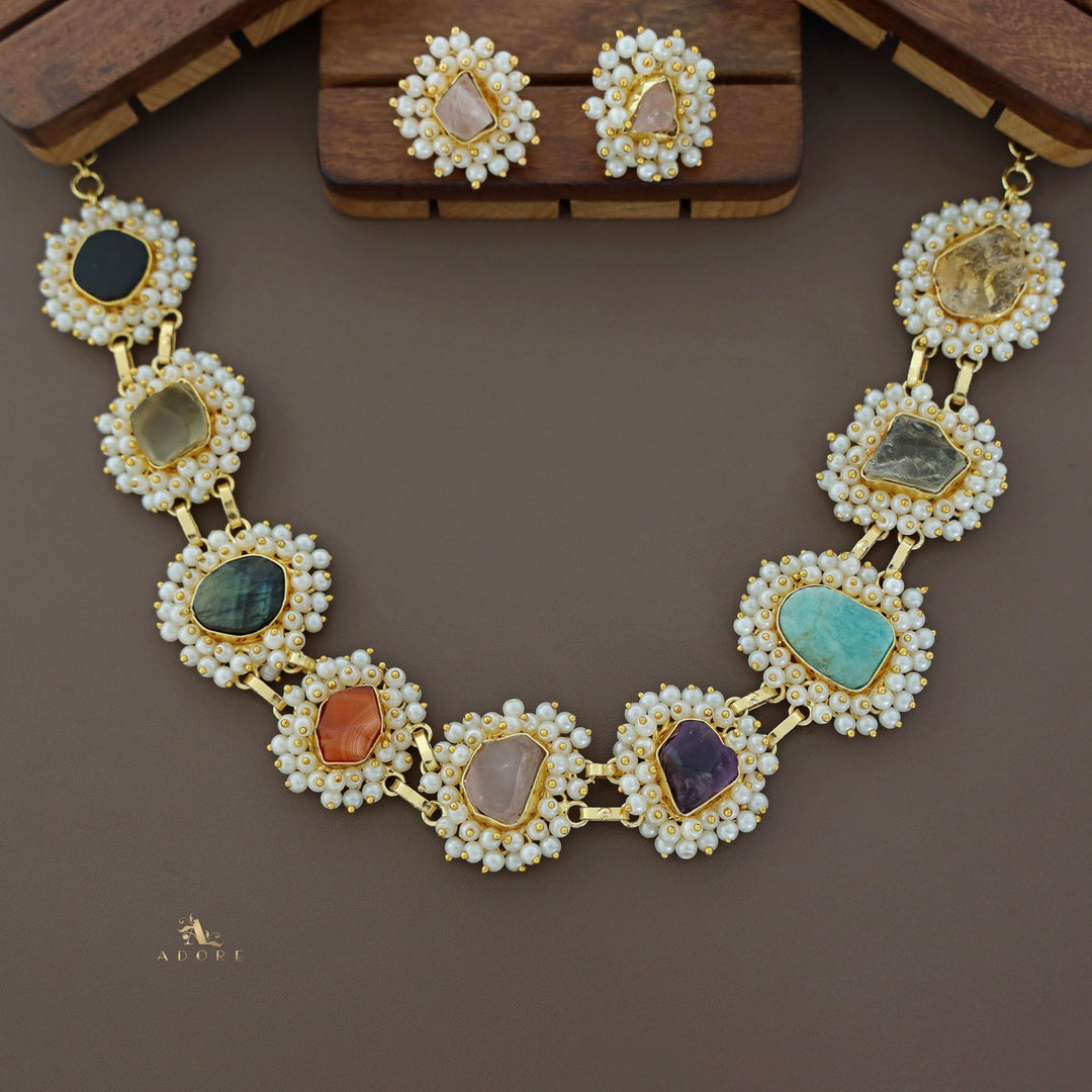 Multicolour Raw Stone Cluster Pearl Short Neckpiece / Choker With Earring