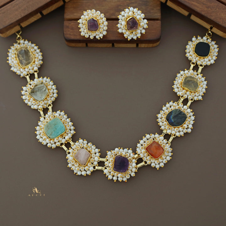 Multicolour Raw Stone Cluster Pearl Short Neckpiece / Choker With Earring