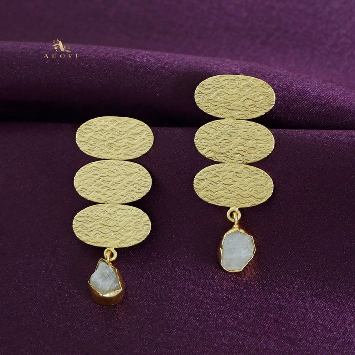 Golden Textured Tri Oval Raw Stone Earring