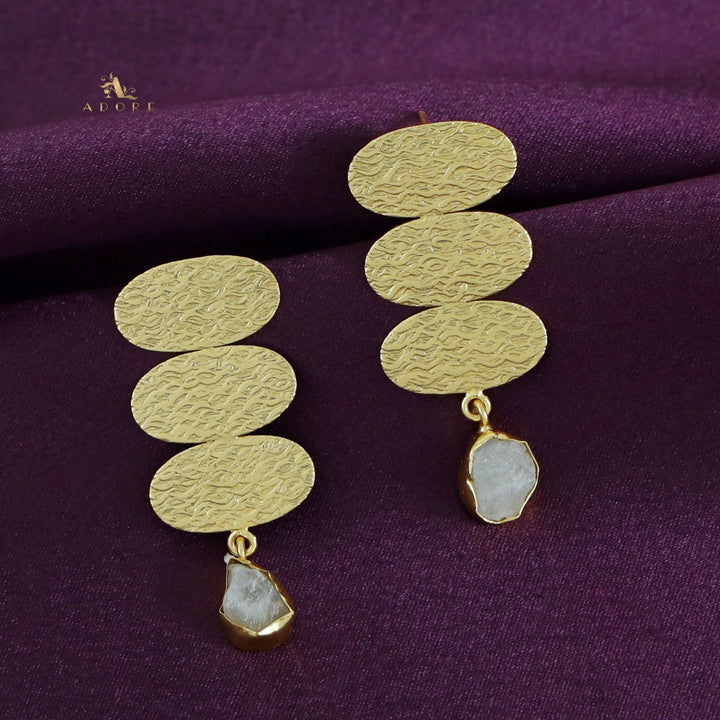 Golden Textured Tri Oval Raw Stone Earring