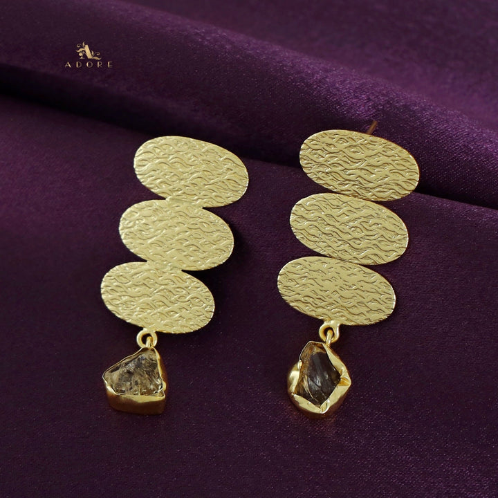 Golden Textured Tri Oval Raw Stone Earring