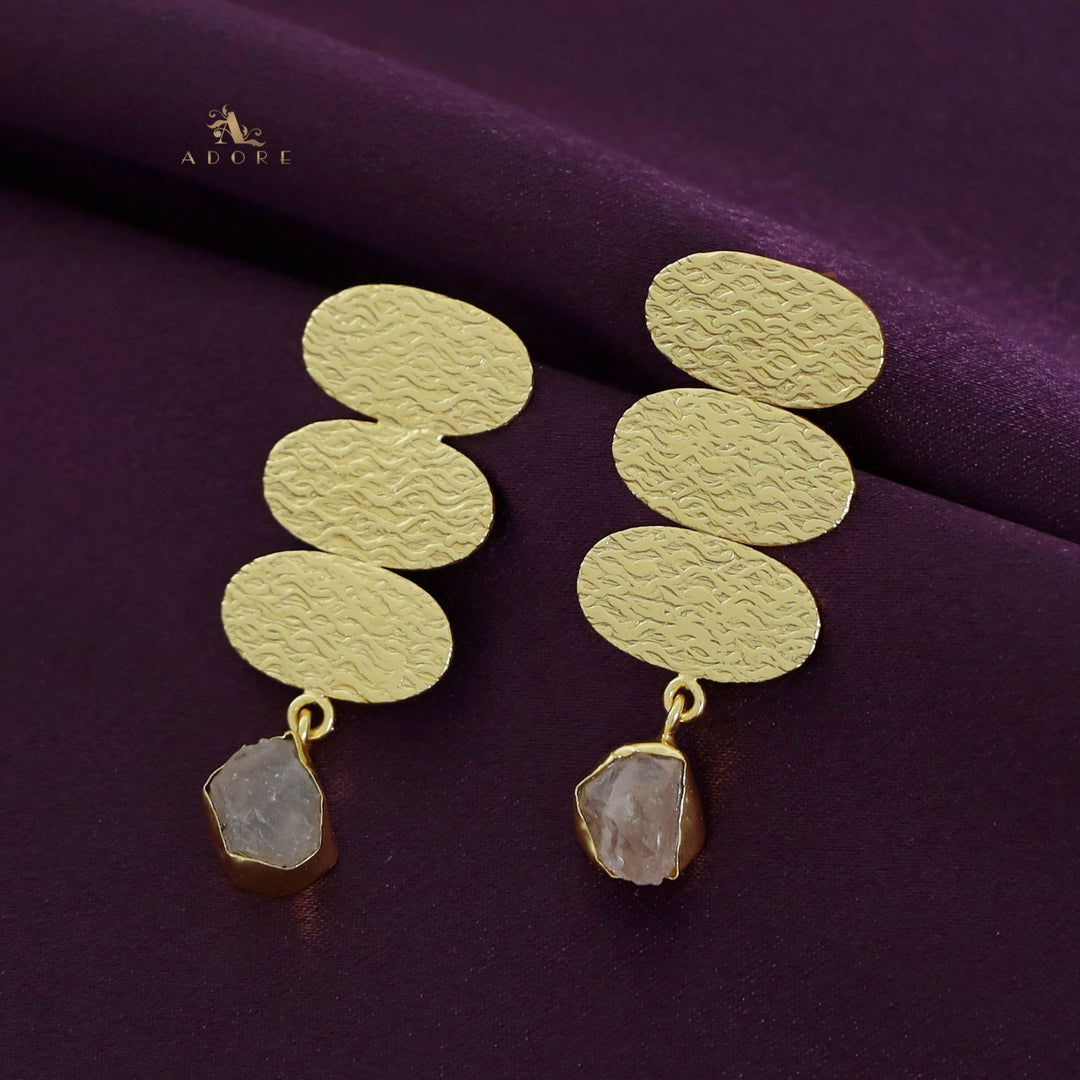 Golden Textured Tri Oval Raw Stone Earring