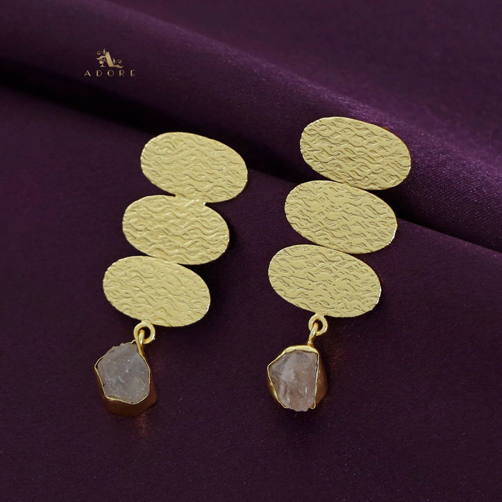 Golden Textured Tri Oval Raw Stone Earring