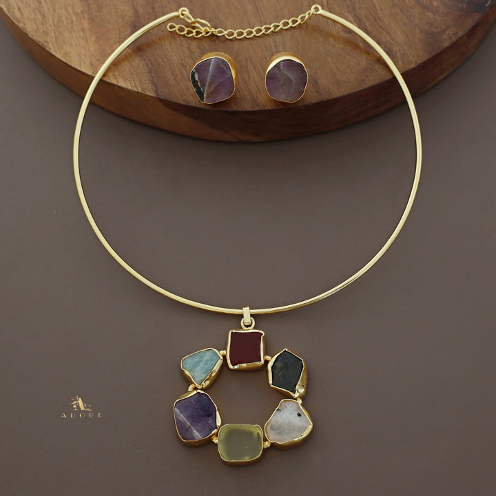 Raw Stone Golden Chakra Neck Cuff With Stud