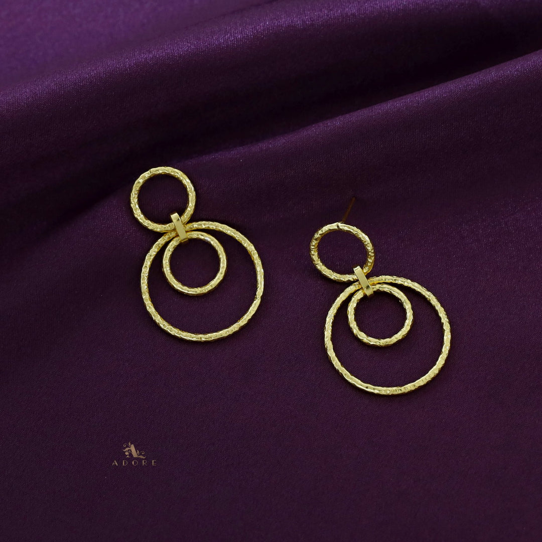 Golden Hammered Tri Circle Orbitary Earring