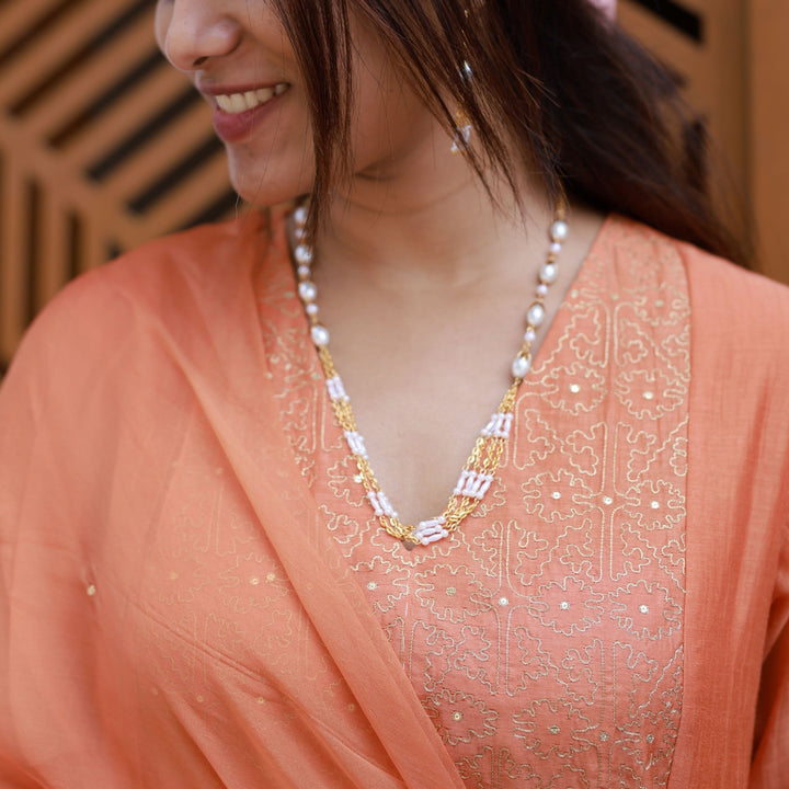 Pearly Golden Niharika Bud Pearl Neckpiece With Earring