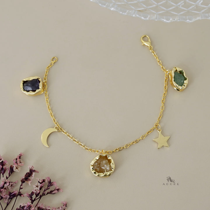 Golden Star + Moon 3 Raw Stone Bracelet