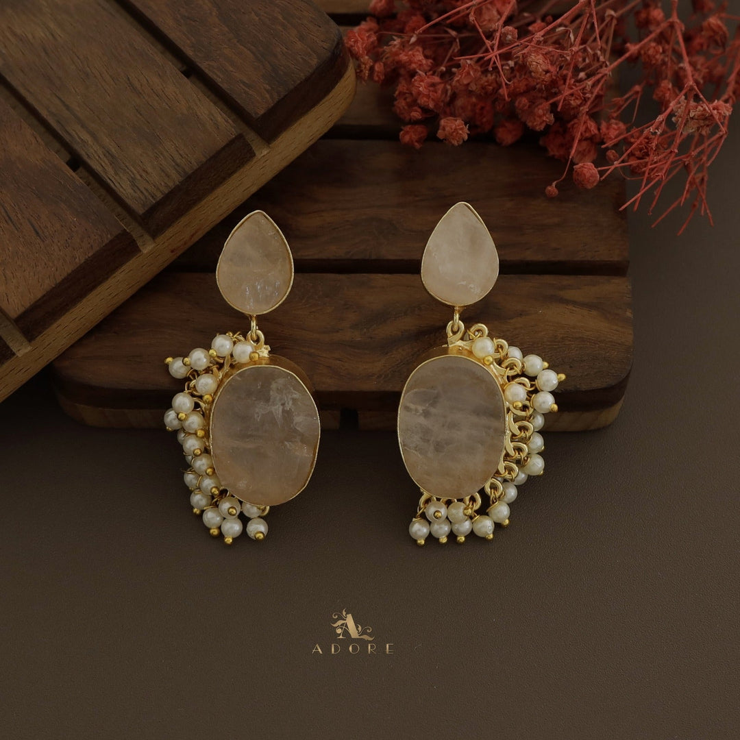 Raw Stone Drop + Oval Half Cluster Pearl Earring