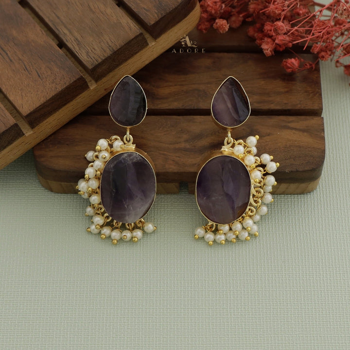 Raw Stone Drop + Oval Half Cluster Pearl Earring