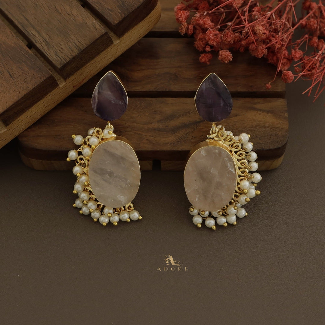 Raw Stone Drop + Oval Half Cluster Pearl Earring